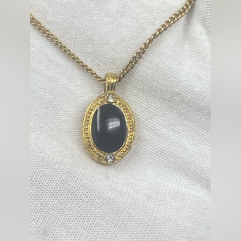 Dior Vintage 80s Black Onyx Oval Enamel Chrystals Pendant Necklace - Picture 13 of 16